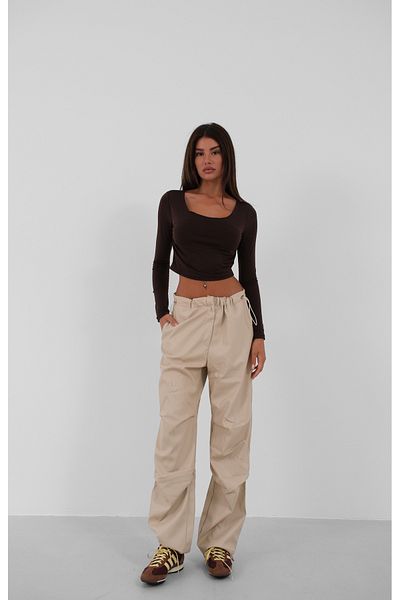 Black Fashion Pantaloni din piele bej cu talie elastică