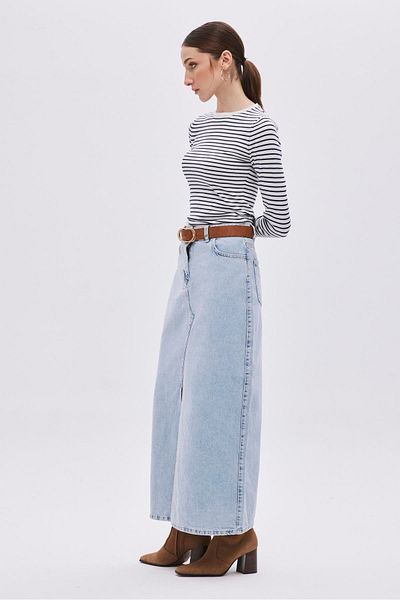 SHERIN Fustă albastră din denim cu crapata in fata