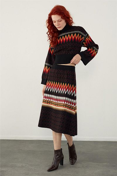 SHERIN Black Ethnic Patterned Sweater Skirt Knitwear Set