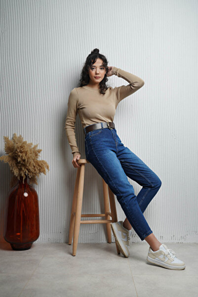 SeninOlsun Koyu Mavi Yüksek Bel Mom Jean