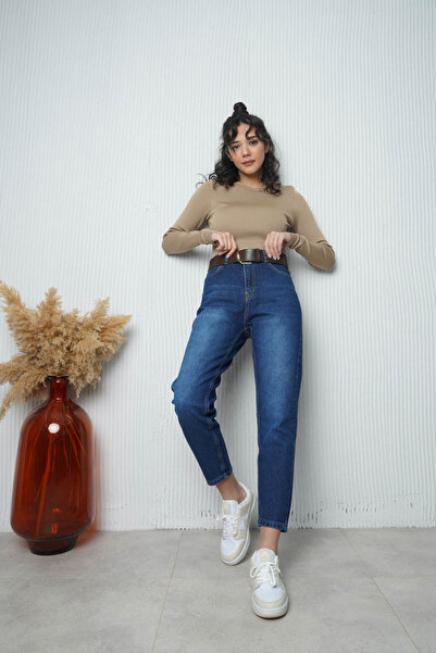 SeninOlsun Koyu Mavi Yüksek Bel Mom Jean