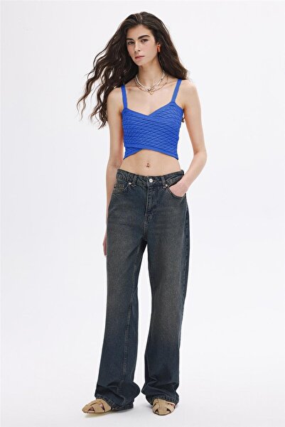 SHERIN Сплетений синій трикотажний кроп-топ