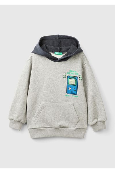 United Colors of Benetton Boy's Gray Melange Front Printed Hooded Contrast Color Kangaroo Pocket Sweatshirt