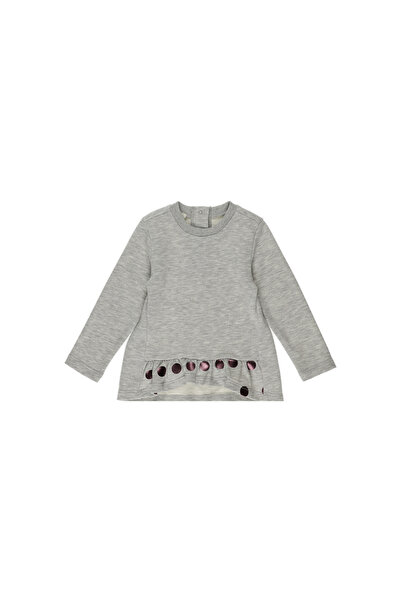 Panço Kız Bebek Yuvarlak Yakalı Uzun Kollu Gri-Melanj Tişört