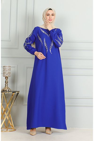 sefamerve Saks Blue Stone Λεπτομερές ελαστικό βραδινό φόρεμα - 0497-02