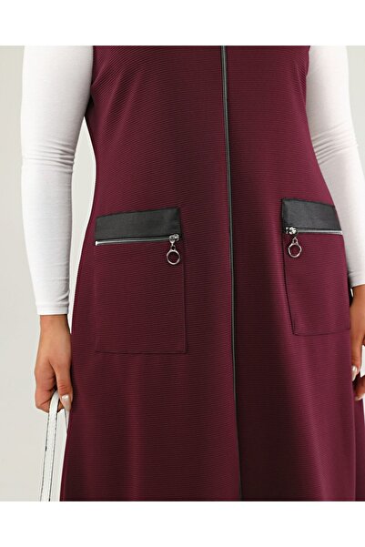 Ferace Women's Large Size Long Vest with Leather Pockets Ottoman Plum