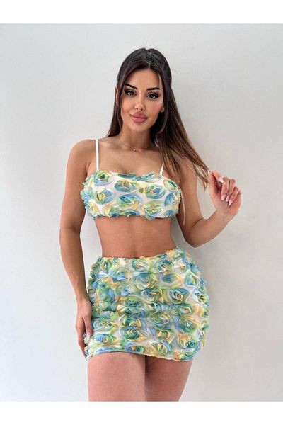 pink life Costum dublu cu fermoar cu imprimeu tridimensional de flori verde