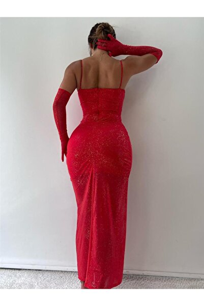 pink life Κόκκινο Glitter Glove φόρεμα με σκίσιμο