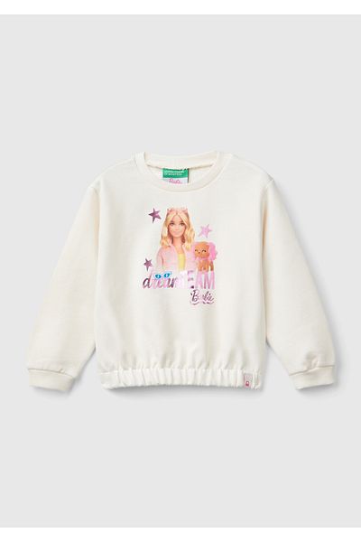 United Colors of Benetton Girl's Ecru Barbie Printed Crew Neck Sweatshirt with Skirt Tip