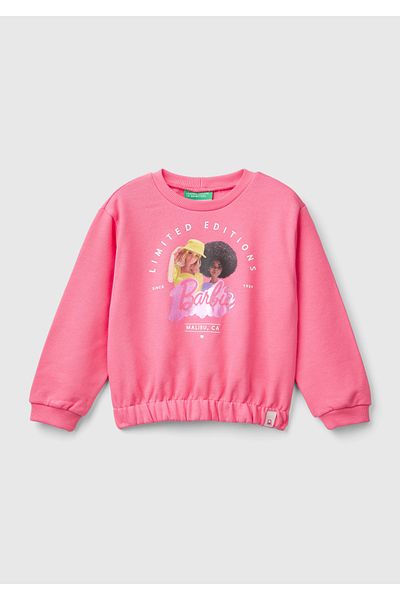 United Colors of Benetton Girl's Neon Pink Barbie Printed Crew Neck Sweatshirt with Skirt Tip