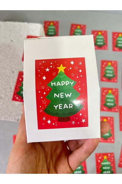 Meyofficial New Year Adhesive Sticker with Pine Wood Pattern Happy New Year 5*7 cm 30 Pcs