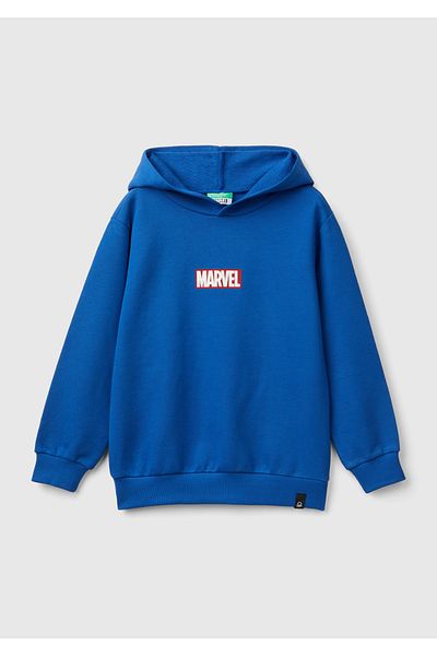 United Colors of Benetton Boy's Saks Blue Skirt Tip Logo Spiderman Printed Hooded Sweatshirt