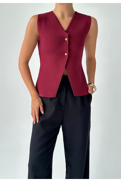 Zey Studio Claret Red Double-Breasted Collar and Gold Button Detailed Knitwear Women's Vest