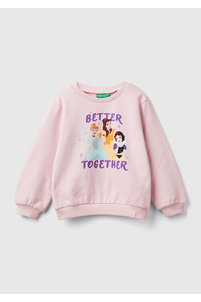 United Colors of Benetton Girl's Light Pink Wide Cut Sweatshirt with Logo Label Princess Printed