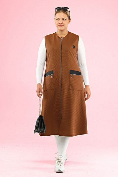 Ferace Women's Large Size Long Vest with Leather Pockets Ottoman Brown
