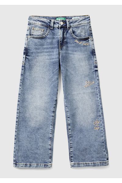United Colors of Benetton Girls' open denim bleached stretch denim pants with embroidery detail