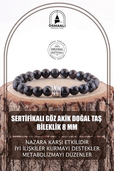OSMANLI DOĞAL TAŞ Certified Eye Agate Natural Stone Bracelet 8 Mm - B125