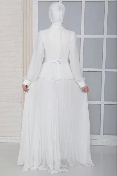 lodmela Βραδινό φόρεμα με πιέτες Hijab - Λεπτομέρεια από τον ώμο και τη ζώνη, Λευκό 816