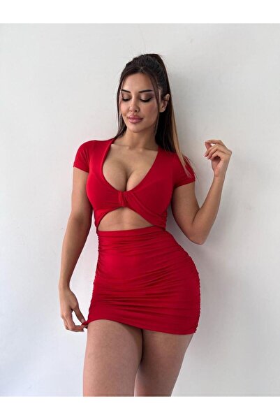 pink life Kırmızı V Yaka Hollow Out Wrap Hip Kısa Kollu Mini Elbise