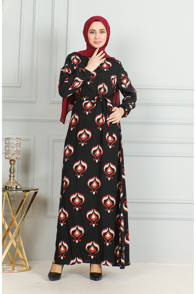 sefamerve Šaty s páskem s viskózovým vzorem - černá béžová 0491-03