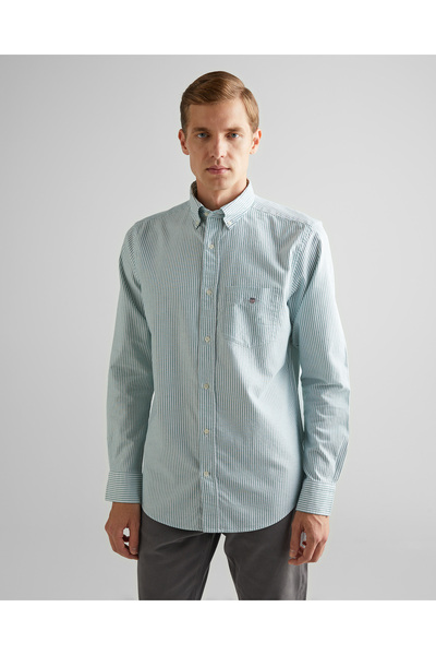 Gant Erkek Yeşil Regular Fit Düğmeli Yaka Çizgili Oxford Gömlek