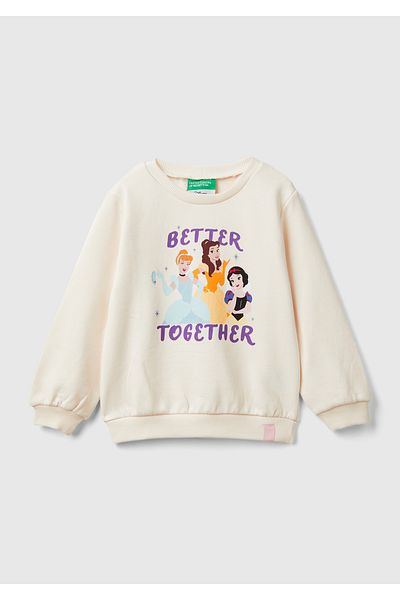 United Colors of Benetton Girl's Ecru Wide Cut Sweatshirt with Logo Label and Princess Print