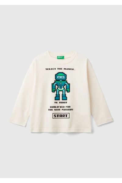 United Colors of Benetton Boy's Ecru Printed Crew Neck Long Sleeve T-Shirt