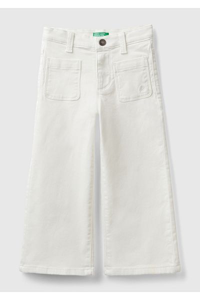 United Colors of Benetton Girl's White Front Embroidered Logo Pocket Button Closure Trousers