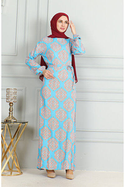 sefamerve Turquoise Tile Viscose Patterned Belted Dress - 0493-06