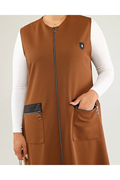 Ferace Women's Long Sleeveless Zippered Vest Ottoman Brown with Leather Pockets