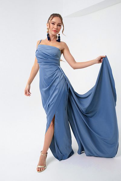 Lafaba Rochie de seară din satin indigo cu un singur umăr și rochie de absolvire