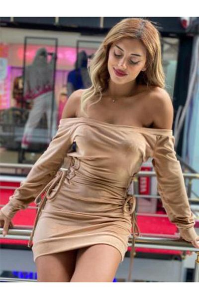 pink and pink Μίνι τουνίκ φόρεμα με γιακά Madonna Beige Γαλλικό Velvet