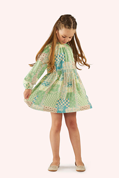 Panço Kız Çocuk Desenli Bej Elbise