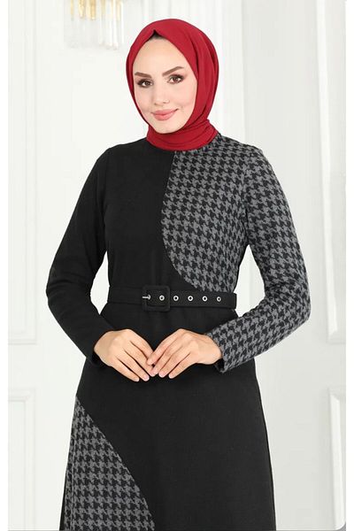 EDALİNDA Anthracite Houndstooth Patterned Tweed Dress - 3023Ktr750