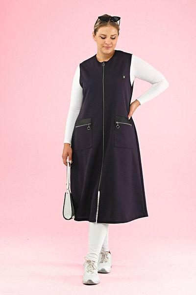 Ferace Women's Large Size Long Vest with Leather Pockets Ottoman Navy Blue