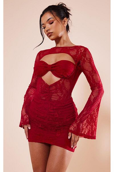 pink and pink Rochie roșie cu mâneci spaniole din dantelă transparentă