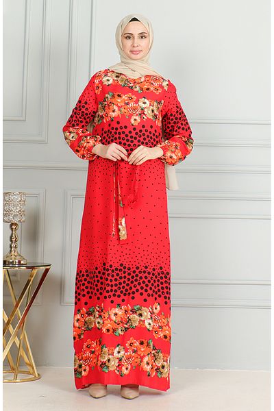 sefamerve Red Viscose Dress - Patterned, Belted and Elastic Sleeve 0494-02