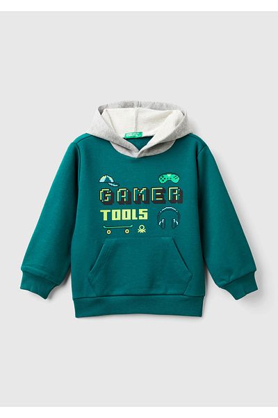 United Colors of Benetton Boy's Pine Green Front Printed Hooded Contrast Color Kangaroo Pocket Sweatshirt