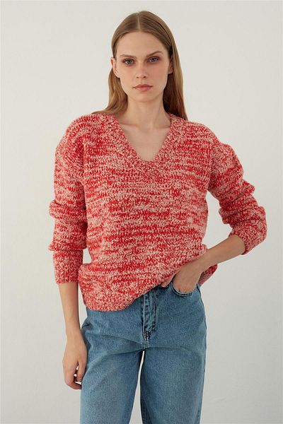 SHERIN Red Melted Textured V-Neck Basic Knitwear Sweater