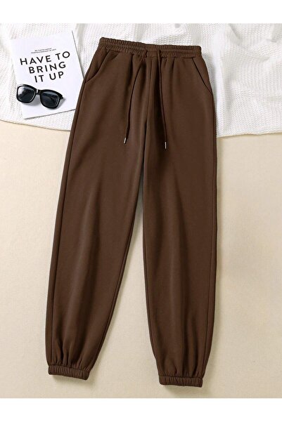 Jooy Company Καφέ μέση ελαστικό πόδι με 3 κλωστές χοντρό βαμβακερό γυναικείο παντελόνι Jogger