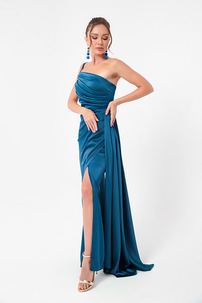Lafaba Petrolfarbenes One-Shoulder-Satin-Abend- und Abschlusskleid für Damen