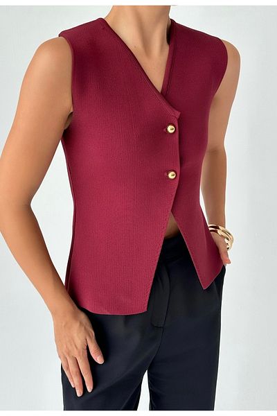 Zey Studio Claret Red Double-Breasted Collar and Gold Button Detailed Knitwear Women's Vest