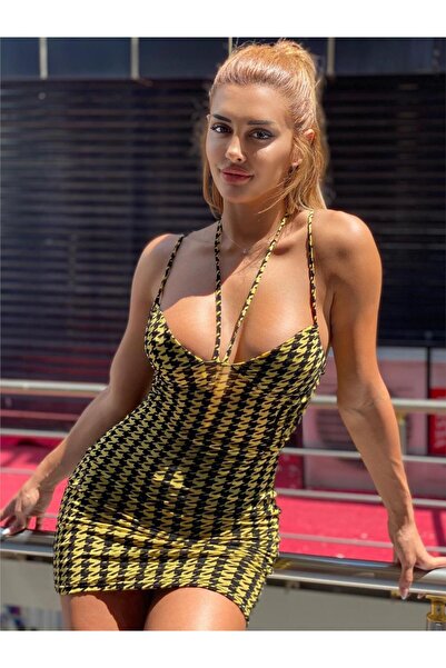 pink and pink Žuta Til Postavljeno - Flog Štampano Houndstooth Sa deznom Mini...