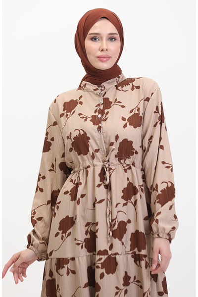 sefamerve Μπροστινό φόρεμα με δαντέλα με κουμπιά 0516-03 Mink Brown