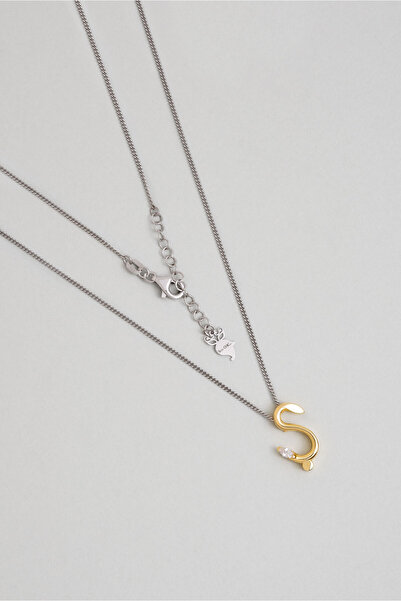 So CHIC... Asimetrik Ş Harfi 18 Ayar Beyaz Ve Sarı Altın Kaplama 45 Cm Gümüş Harfli Kolye