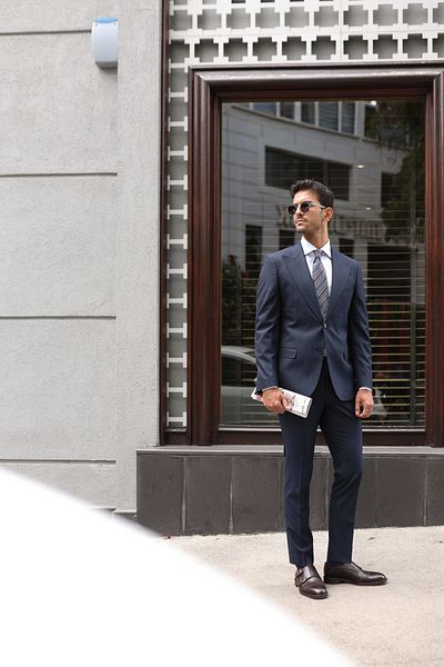 AEK FIORE Men's Navy Blue Striped Suit