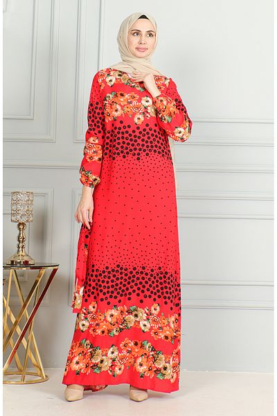 sefamerve Red Viscose Dress - Patterned, Belted and Elastic Sleeve 0494-02