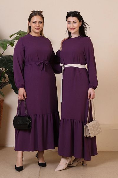 Ferace Large Size Hijab Women's Pleated Belted Ayrobin Dress Plum