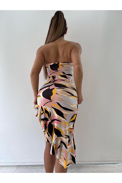 pink and pink Colorful Patterned Low-Cut Waist and Chest Dress with Buckle Detail