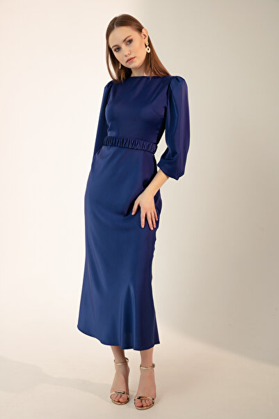 Lafaba Kadın Saks Uzun Balon Kollu Nişan Elbisesi